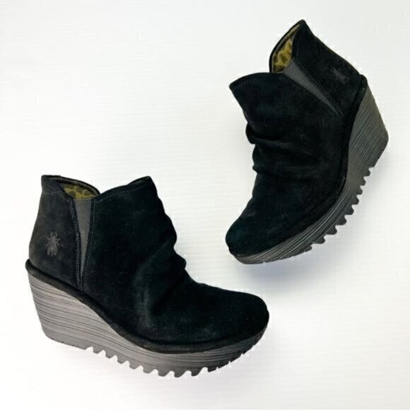 Fly London Wedge Bootie Womens size 37/6 Black Wedge Ankle - Picture 1 of 11